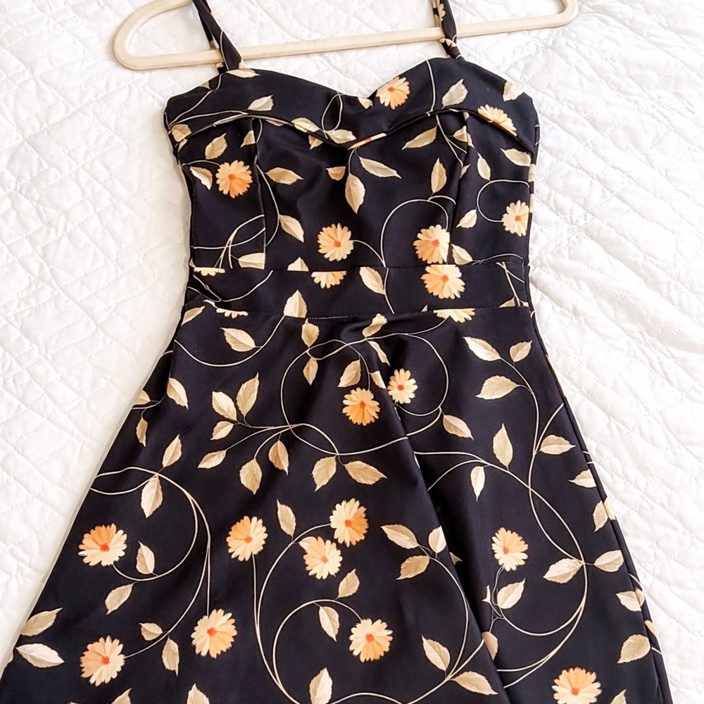 Black Floral A-Line Sundress with Cream and Peach Flowers